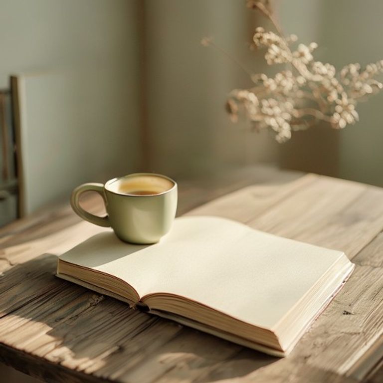 Kaffekopp och anteckningsbok på träbord